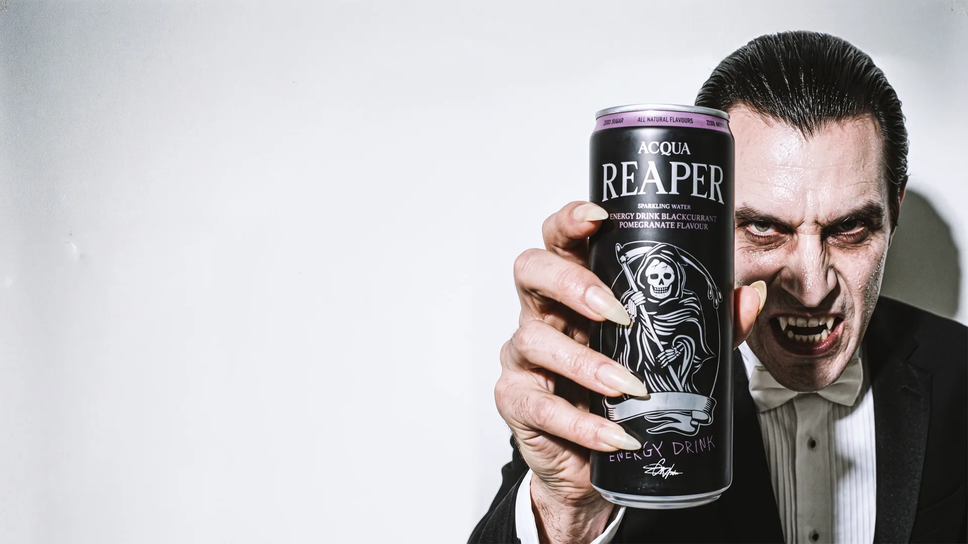Dracula hält eine Dose Energy – schwarze Johannisbeere, Granatapfel in die Kamera
