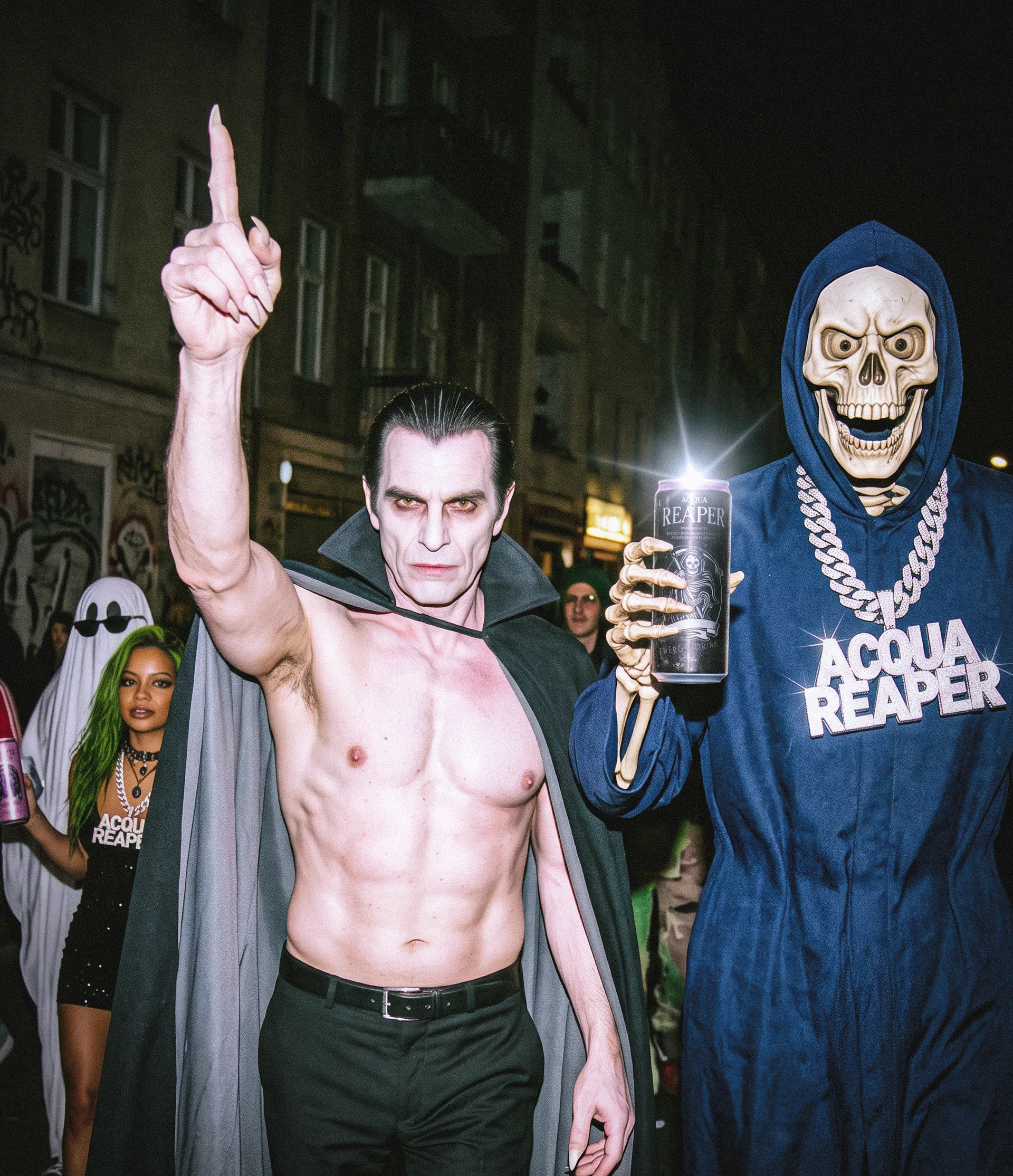 Dracula mit nacktem Oberkörper und der Reaper mit einer Dose Energy – schwarze Johannisbeere, Granatapfel auf der Straße